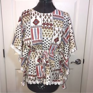 Floral Kimono Shirt SMALL, Folksy Boho Peasant Print Tunic Kaftan Crochet Trim